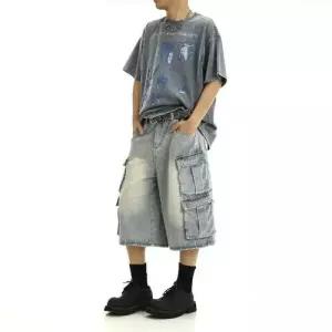 바지 데님 캐주얼 남성 데님반바지 멀티포켓 워싱 칠부 슬림핏 배기 반 스포M1