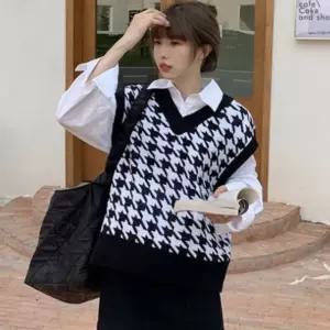 봄 가을 여성 하운드 체크 포인트 브이넥 조끼 베스트