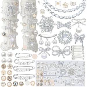 54PCS 정크 양말 참 키트 스니커즈 걸을 위한 신발 여성을 실버 브로치와 핀 안전 핀이 있는 펄과 라인스톤