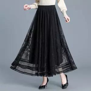 여성 러블리 쉬폰 스커트 양면 레이스 봄 하이웨스트 슬림핏 A라인 DUCHI1
