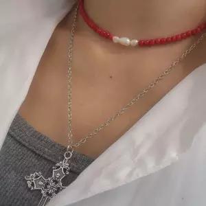핸드메이드 레드 산호석 담수진주 초커 작은선물
