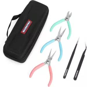 WorkPRO 5피스 주얼리 플라이어 키트 - 둥근 코 체인 와이어 커터 뾰족한 핀셋 및 곡선 케이스 포함