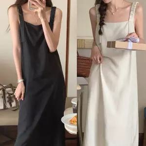 데일리 베이직 블랙 아이보리 뷔스티에 멜빵 롱원피스