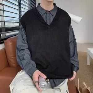 베이직 레이어드 남성 V넥 조끼 니트 무지 오버핏