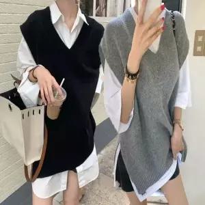 오버핏 롱 옆트임 조끼 V넥 니트 여성 베스트 옆트임