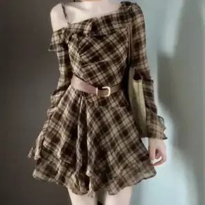 여성 치마 원피스 빈티지 오프숄더 슬림핏 쉬폰 언밸런스 체크 원픽1