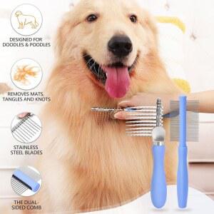 두들과 푸들을 위한 마이셀렉트 너도밤나무 제거용 도구 디매팅 키트 스테인리스 브러시 개를 매트와 그루밍 스틸 엉킴 곱슬머리 양면