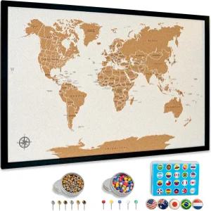 세계 지도 핀 보드 대형 30인치 x20 프레임 컨트리 플래그 메탈릭 및 컬러 핀이 있는 코크 월 여행 여행자