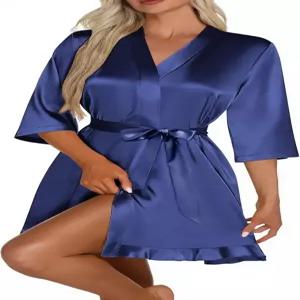 에쿠아르 여성 새틴 로브 실크 기모노 목욕 짧은 주름 밑단 신부 들러리 슬립웨어 주머니 포함