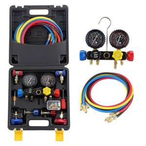 기어라스트 4방향 AC 매니폴드 게이지 세트 1234yf R134a R404a 냉매, HVAC 자동차 냉매 충전 회수 도구 키트 퀵 커플러 포함