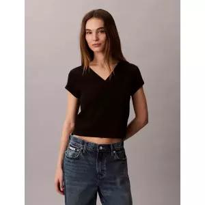 [롯데백화점]캘빈클라인 여성 CK 슬림핏 스판 브이넥 반팔 티셔츠 블랙 47C910G (47C910G-UB1)
