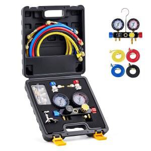 오리온 모터 테크 R410a R22 R134a 냉매용 4방향 AC 게이지 세트, 5피트 호스가 있는 밸브 자동차 매니폴드 4개, 어댑터, 캔 탭 가능