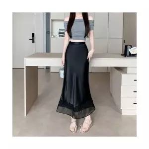 EAMT 여자 쉬폰 스커트 영상 레이스 새틴 하이웨스트 슬림핏 A라인 머메이드 롱 EUNG1