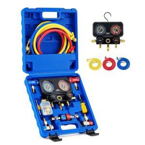 오리온 모터 테크 AC 게이지, R1234yf R134a R404a 냉매용 3방향 매니폴드 게이지 세트, 호스 퀵 커플러가 장착된 자동차 프레온 충전 및 배기용 탭용 셀프 씰링