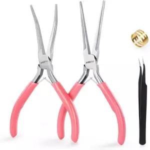 WISEPRO 2 PCS 미니 니들 노즈 플라이어 세트 점프 링과 트위저가 포함된 6인치 핑크 주얼리 키트 여성용