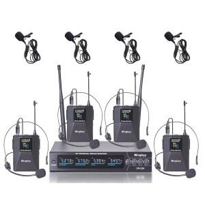 UHF 헤드셋 / 라발리에 라펠 마이크가 장착된 무선 마이크 시스템, 바디팩 송신기, 4 x 50 채널, 164피트 범위의 교회 컨퍼런스 공연 노래 노래방 PA 스피커 믹서
