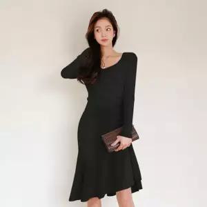 무천도사 여성용 여사친 스커트 니트 원피스 브이넥 머메이드 스판 봄가을 쉬폰 셔링 프릴 KKE1