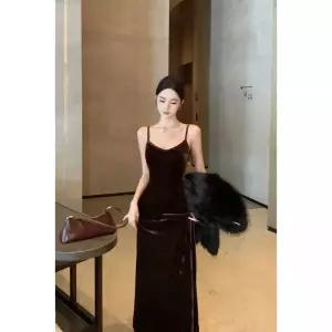 루타꽁몰 빈티지 봄 이너 스커트 여사친 롱 이른 브이넥 벨벳 나시 연 HO1