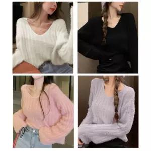 봄 가을 여성 예쁜 루즈 브이넥 퍼 크롭 니트 티셔츠 LNn8+4gqi