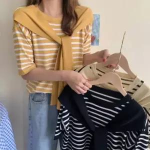 [의류] 스트라이프 레이어드 반팔 가디건 니트 숄카라 페이크룩 썸머 티셔츠