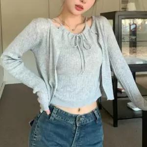 [의류] 여름 리본 홀터넥 슬리브리스 가디건 얇은 니트 나시 탑 휴양지룩 데일리룩