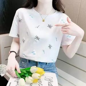 [오노마] ONM 입체 화이트꽃 푸른 꽃잎 반팔 티셔츠 URD-529