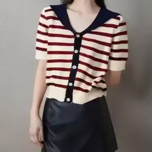 [오노마] ONM 여성 러카라 스트라이프 배색 여름 반팔가디건