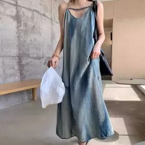 [오노마] ONM 여성 꾸안꾸 데님 나염 V넥 루즈핏 민소매 롱원피스