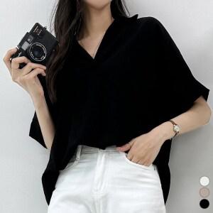 끌로이 여성 반팔 롱 블라우스 오픈 카라 브이넥 5부 핀턱 롤업 셔츠