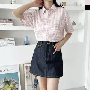 블레오 여자 여름 오버핏 체크 반팔 남방 셔츠 DM2601081850