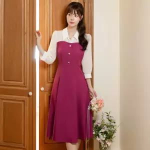 [시크라인] (~XXL까지) 파켈리 오픈카라 배색 플레어 원피스 봄 가을 하객룩 오피스룩 모임룩 격식룩 빅사이즈