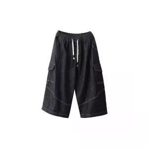 EAMT 여성 봄 입체 슬림핏 청바지 스트링 허리 일자 캐주얼 7부 바지 YJ1