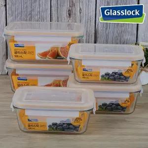 글라스락 직사각5조(980ml-2개/480ml-3개) 케이스없음 유리밀폐용기 내열강화유리 냉장고찬통 밀폐통