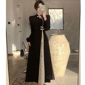 치파오 원피스 드레스 스커트 홀복 프린트 롱원피스 중국 반팔 빈티지 여름 롱스커트 개량