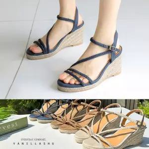 [바닐라슈] 쥬비타 꼬임 사선라인 우븐 통굽 웨지힐 샌들(7cm)