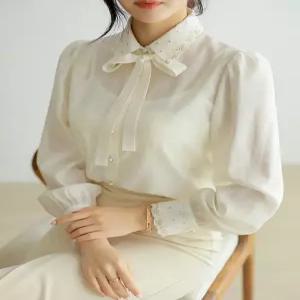 [스타일온미][루이스엔젤] 데이지 골드 펄사 물결 카라 리본SET 쉬폰 블라우스