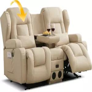 DRMBOK 러브시트 로커 리클라이너 소파 콘솔이 있는 가죽 패브릭 듀얼 리클라이닝 수동 더블 시트 2인용