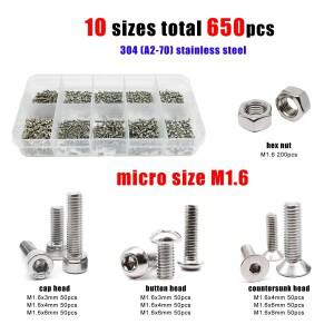 650피스 마이크로 소형 M1.6 알렌 육각형 소켓 헤드 캡 버튼 플랫 카운터 싱크 나사 볼트 304 스테인레스