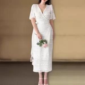 [신상오픈런]여성용 화이트 레이스 랩 스타일 반팔 롱 드레스 (38283924)