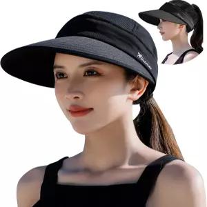 골프 하이킹 가드닝 자외선 차단 여름 비치 모자를 위한 여성용 페이시스 지퍼 와이드 브림 바이저 모자