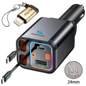 SUNRIVER 선리버 차량용 4세대 미니 초고속 충전기 릴 타입 4개 동시 충전 가능 듀얼 C타입 동시 초고속충전