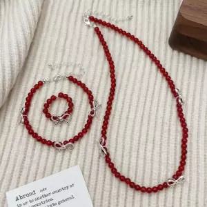 [디작소]여성 레드 마노 비즈 리본 반지 팔찌 목걸이 (37558310)