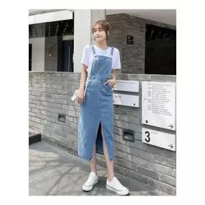 스모크밴딩원피스 앞트임 청 멜빵 데님 롱 뷔스티에 원피스