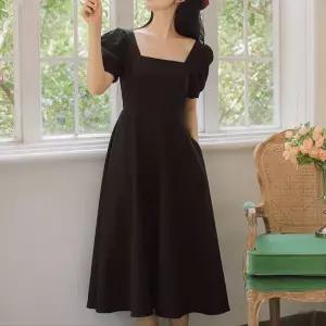 스퀘어넥 휴양지룩 퍼프소매 플레어 롱원피스