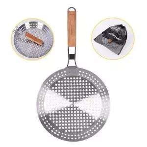 스텐 직화 타공 후라이팬-30.5cm 접이식 휴대용 나무손잡이