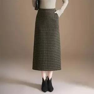 여성 스커트 모직 롱 아이템 트렌디 체크 가을겨울 일자 하이웨스트 원턱 트임 힙색 H라인 HT4