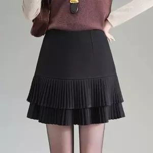 스커트 여성용 모직 겨울 가을 아이템 트렌디 A라인 숏 플리츠 하이웨스트 룩 도톰한 HT4