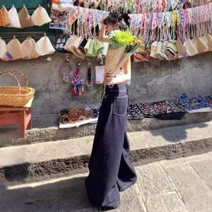 여사친 네이비 빈티지 와이드 청바지 트렌디 데님팬츠 하이웨스트 A라인 아이템 부츠컷 HT4