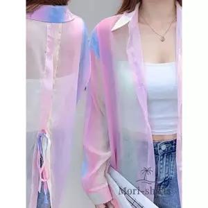 모리셔츠 핑크 뒤트임 여름 그라 살안타 시스루 오간자 긴팔 여름셔츠 핑크셔츠 실크 남방 휴양지 비치웨어