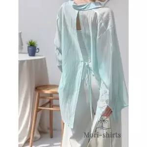 모리셔츠 루즈핏 블루 뒤트임 시스루셔츠 남방 살안타템 셔츠 오간자 긴팔 여름 비치웨어 수영